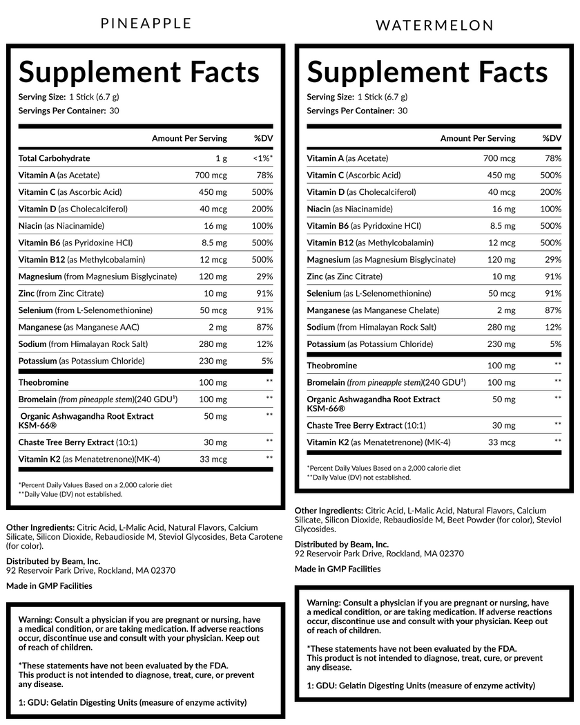 Two supplement facts panels side by side for pineapple and watermelon flavored Gulu dietary supplement powder, showing serving size, nutrients, ingredients, and manufacturer information.